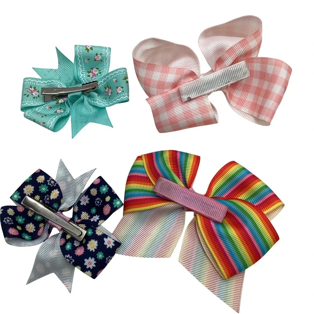 Set of 4 Grosgrain Ribbon Hair Bows Rainbow Gingham Floral Alligator Clips Mixed